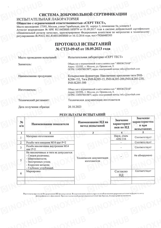 Протокол испытаний №СТ23-09-65 от 18.09.2023 года