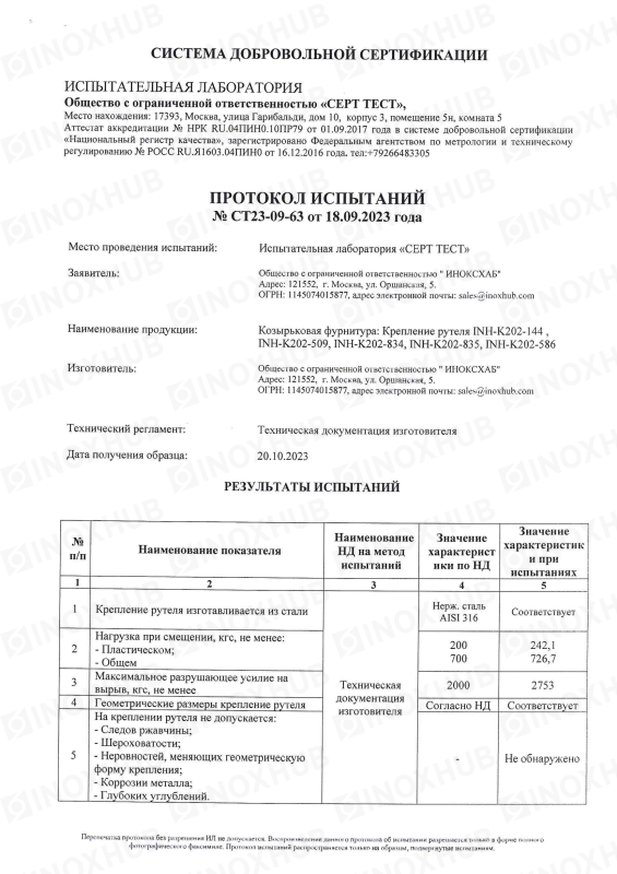 Протокол испытаний №СТ23-09-63 от 18.09.2023 года