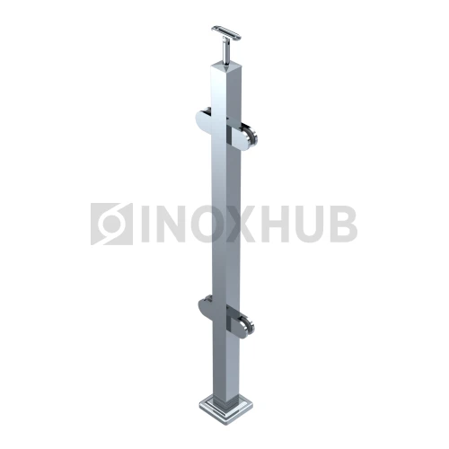 Стойка ограждения в сборе квадратная с фланцем, 4 стеклодержателя, 40×40×900 мм, AISI 304, GRIT 600