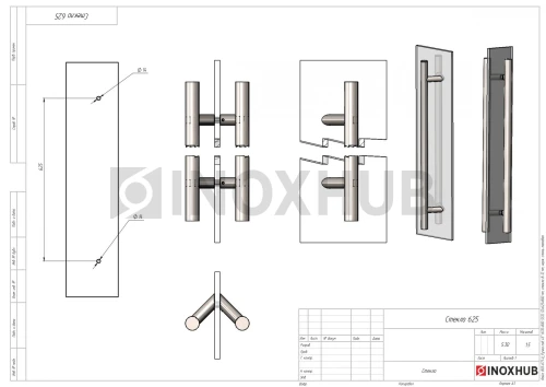 Ручка под 45° (670-800 SSS) 32×625×800 мм, стекло 8-12 мм, нерж. сталь матовая