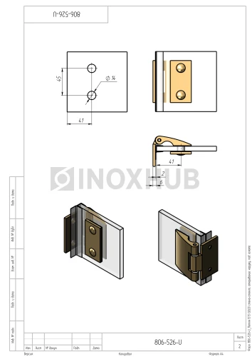 Петля (513 Gold) стена-стекло, открывание наружу, под Золото