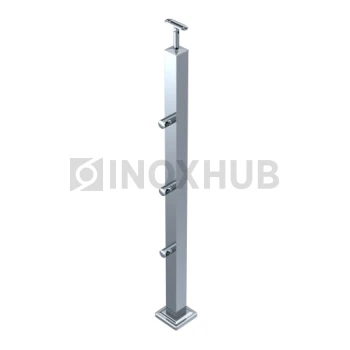 Стойка ограждения в сборе квадратная с фланцем, 3 ригеледержателя, 40×40×900 мм, AISI 304, GRIT 600