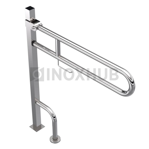Поручень двойной откидной с опорой в пол с бумагодержателем, Ø32 мм, AISI 304, GRIT 600
