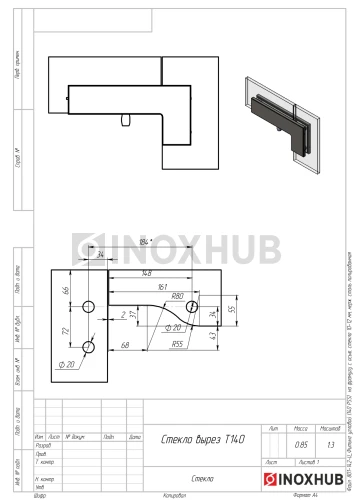 Фитинг угловой (140 PSS) на фрамугу с осью, стекло 10-12 мм, нерж. сталь полированная