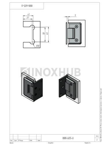 Петля (305 PBrass) стена-стекло, одностороннее крепление, (с фаской), латунь, полированный хром