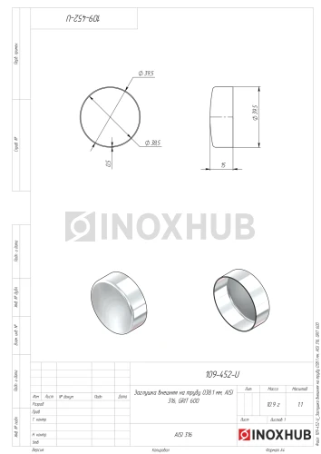 Заглушка внешняя штамп., Ø38.1 мм, AISI 316, GRIT 600